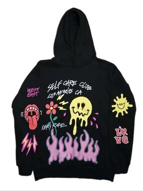 Pacsun Multicolor Graffiti Print Self Care Club Black Pullover Hoodie Size Large